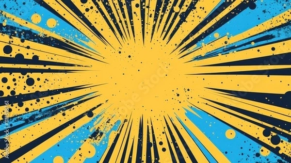 Fototapeta Abstract comic book style radial burst background with yellow and blue rays and grunge splatters.