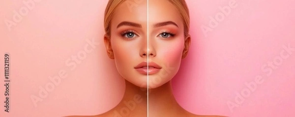 Obraz A splitface image displaying the difference between natural and filtered skin on a woman s face