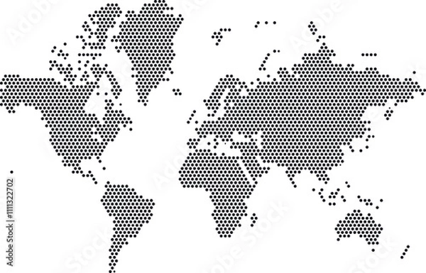 Fototapeta A vector world map created from black circular shapes, featuring a unique and modern design. The minimalist concept is perfect for infographics, presentations, web design, and creative projects. Easil