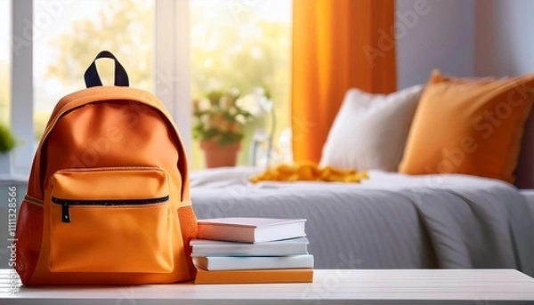 Fototapeta Orange School Backpack with Books on the Clean Table in Blured Kid Bed Room Background. Back to School Concept. Banner with Copy Space.