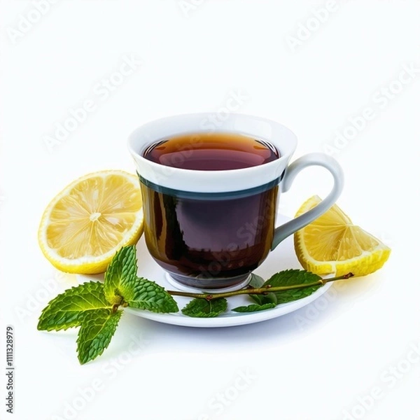 Fototapeta A soothing cup of tea with fresh peppermint leaves and a slice of orange, isolated on a white background. Perfect for promoting relaxation, freshness, and healthy living.