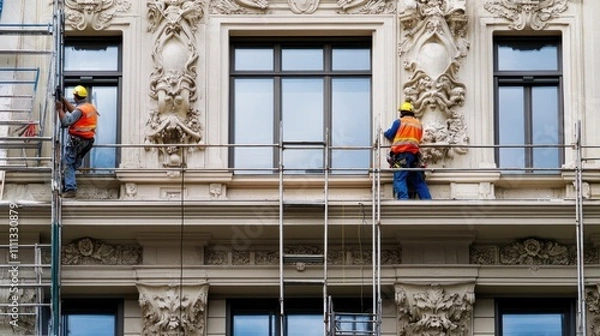 Fototapeta A commercial building renovation site with workers restoring facade details, Building renovation scene, Restoration and craftsmanship style