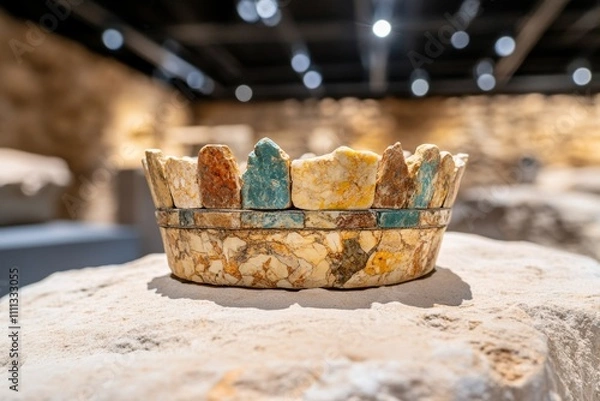 Fototapeta A regal crown glowing softly under museum lighting, surrounded by artifacts of a lost civilization