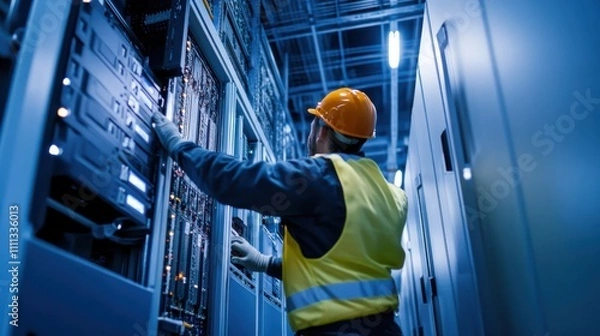 Fototapeta A detailed shot of an electrician installing electrical panels in a data center construction project, Data center construction scene, Electrical system integration style