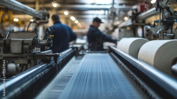 Fototapeta A detailed view of workers in a textile factory operating looms and inspecting fabric rolls, Textile factory scene, Industrial and textile style