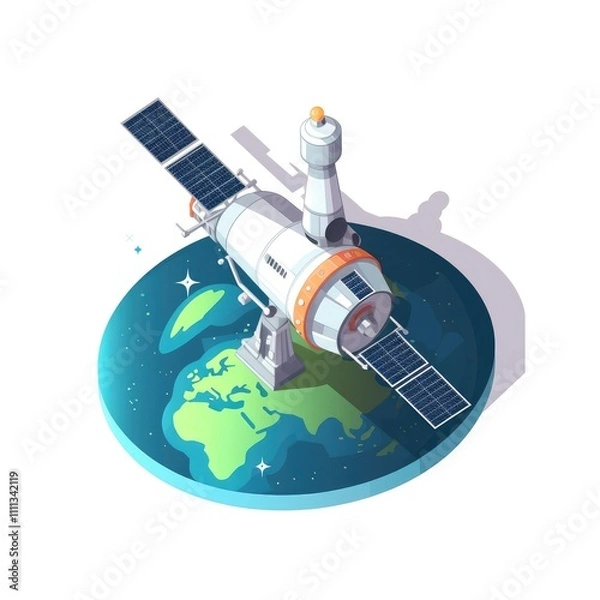 Fototapeta Isometric satellite orbiting Earth.