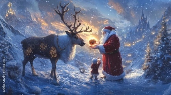 Obraz Intricate Reindeer with Runes in Winter Wonderland Scene