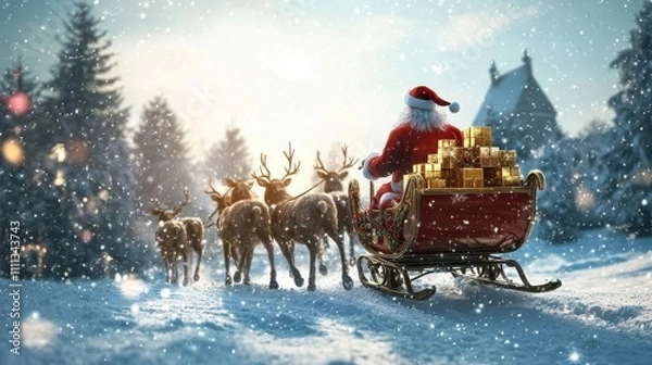 Obraz Santa in Winter Wonderland with Reindeer Team