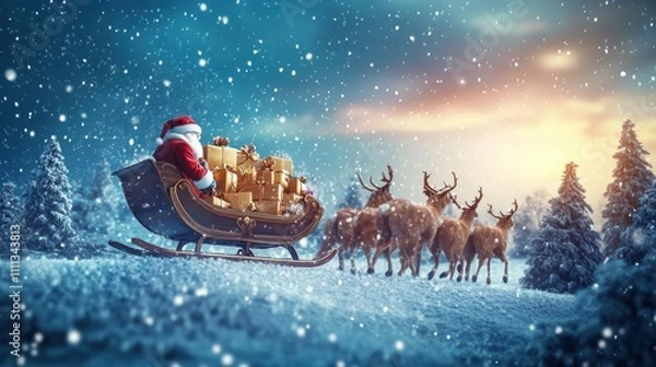 Obraz Santa in Winter Wonderland with Reindeer Team