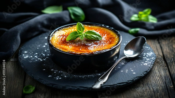 Fototapeta Elegant Crème Brûlée with Basil Garnish on Slate Plate