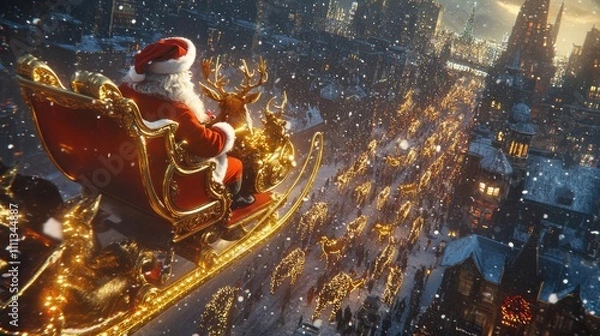 Obraz Santa on a Sleigh with Golden Reindeer in Snowy City