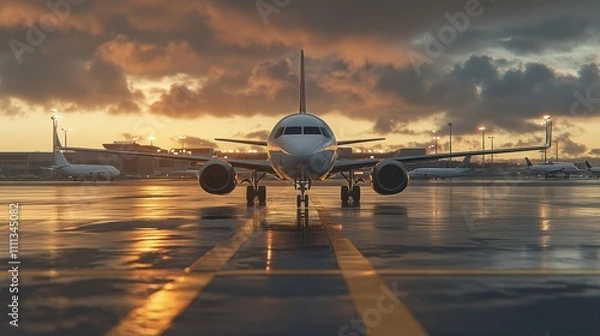 Fototapeta 3D Rendering of Jet Airplane on Runway at Sunset