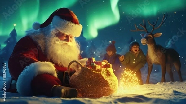 Obraz Santa Claus Resting Beside His Reindeer in Winter Scene