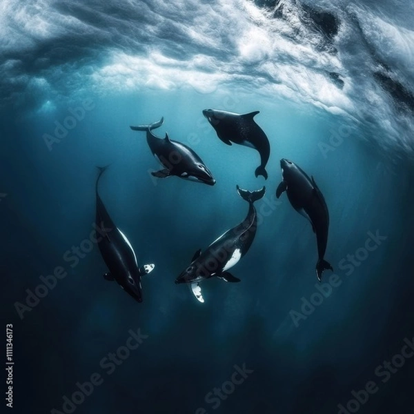 Obraz Whales and Calves Swimming in Arctic Waters