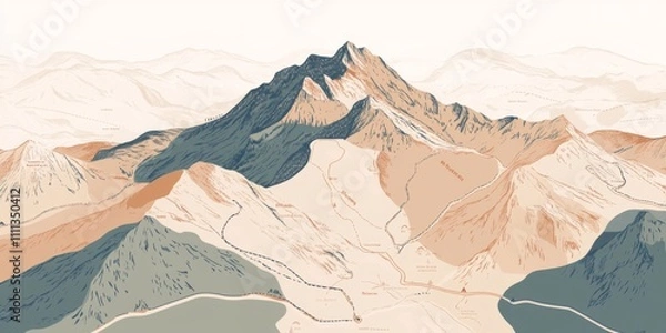 Fototapeta Modern Hiking Trail Map Scenic Mountain Range Illustration