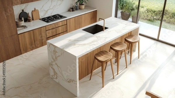 Obraz Modern kitchen with a marble island and wooden accents, featuring bar stools.