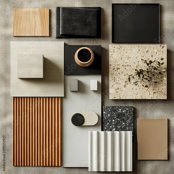 Fototapeta Hyper realistic photo, top down view, product photography, a material moodboard with swatches