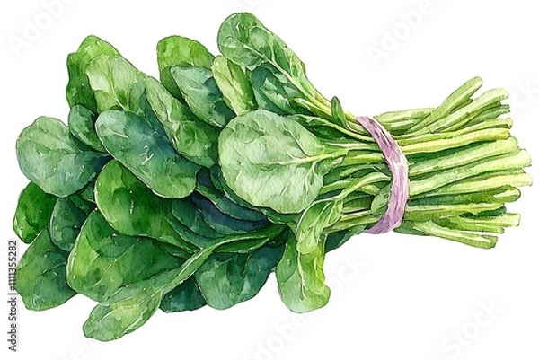 Fototapeta Watercolor painting of a bunch of fresh spinach tied with a rubber band, isolated on a white background.