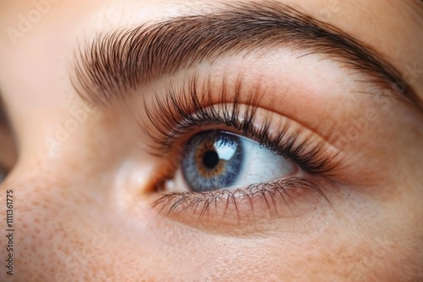 Fototapeta Eyelash Care Treatment Procedures, Staining, Curling, Laminating, and Extension for Lashes. Beauty Model with Long Eyelashes. Skincare, Spa, and Wellness