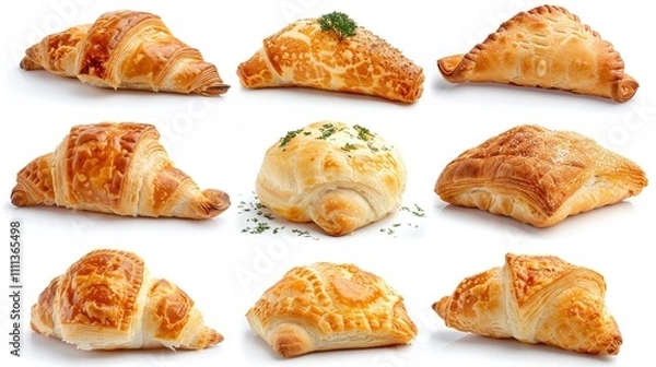 Obraz Assorted golden-brown croissants with sesame seeds and cheese, flaky buttery layers, isolated on white, bakery selection, gourmet pastry, minimalistic design, perfect breakfast snack

