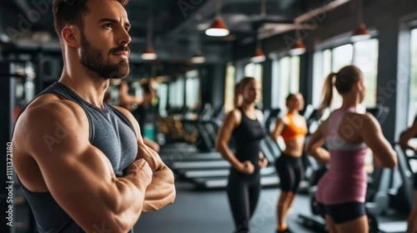 Fototapeta A personal trainer leading a fitness class in a modern gym, with exercise equipment and motivated participants, Gym scene