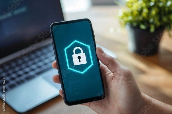 Fototapeta Close-up of hand holding smartphone with security lock icon on screen, laptop in background. Concept of internet protection and security