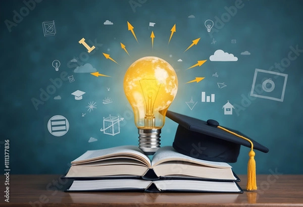 Fototapeta Innovative education concept featuring light bulb above books, symbolizing knowledge and creativity. This captures essence of learning and inspiration
