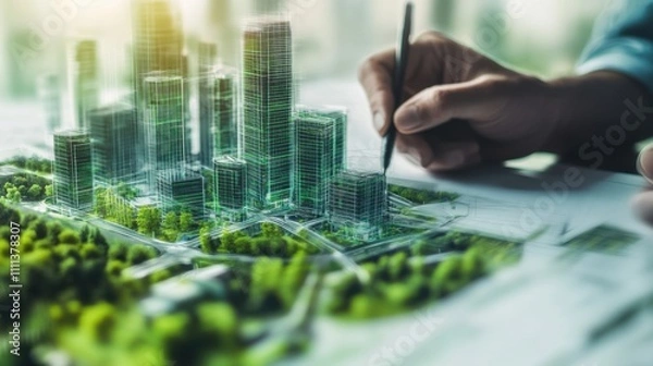 Fototapeta A serene shot of an architect sketching plans for a futuristic city district with smart technologies and green infrastructure, Futuristic city planning scene, Urban innovation style