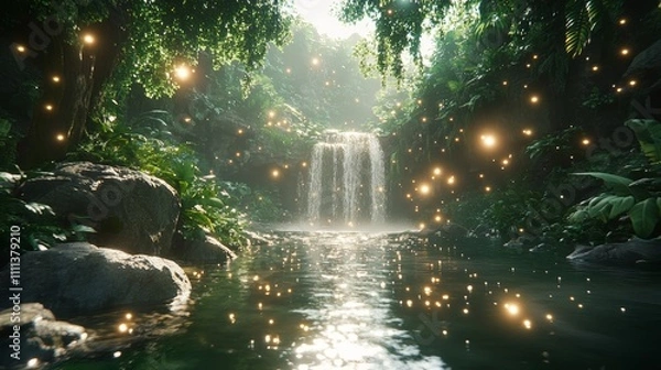 Fototapeta A magical waterfall cascades down a lush green cliff face, surrounded by shimmering lights and vibrant foliage.
