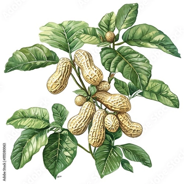 Fototapeta Watercolor illustration of peanuts on the branch with green leaves, isolated on white background.