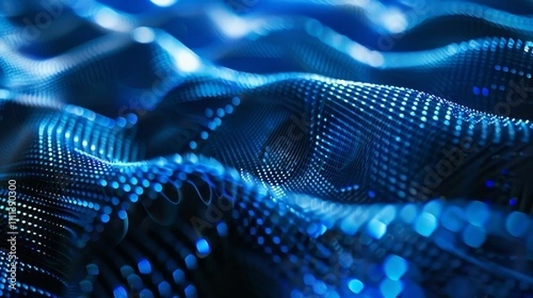 Fototapeta Futuristic blue digital landscape with flowing particles creating a dynamic and abstract wavy background, perfect for wallpapers and digital art projects