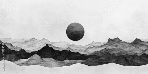 Fototapeta Monochrome Mountain Range Landscape Minimalist Line Art Graphic Design Overlay