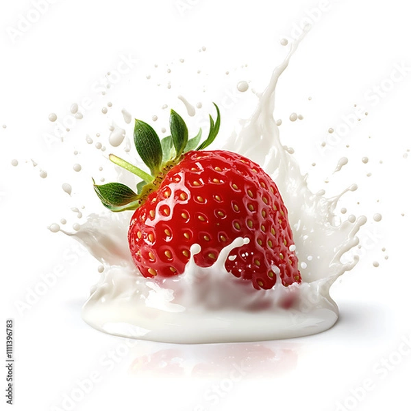Fototapeta fresh strawberry with milk splash isolated on white background