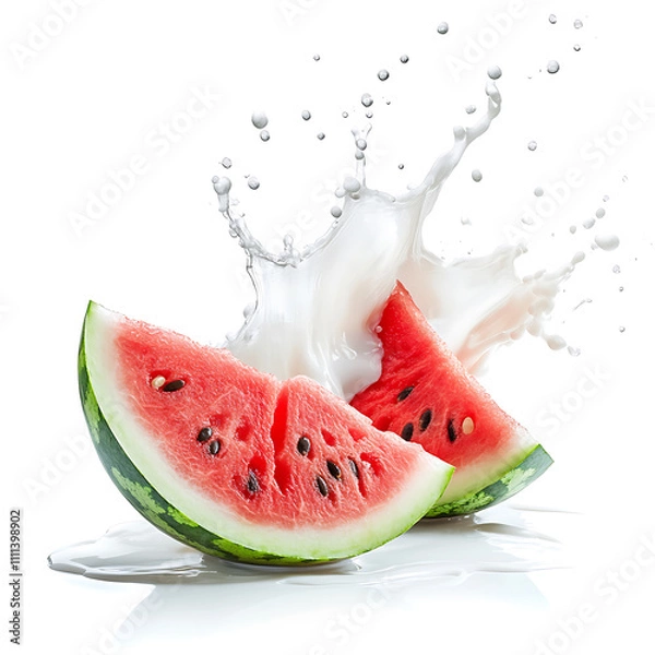 Fototapeta fresh watermelon slace with milk splash isolated on white background