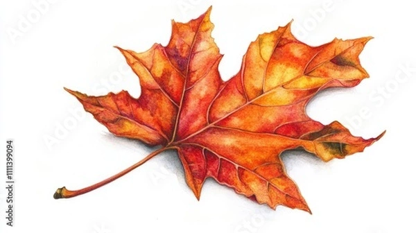 Fototapeta A vibrant orange maple leaf in watercolor style, featuring natural textures and gentle shading, isolated on white