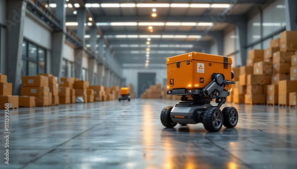 Obraz Delivery robots transporting cardboard boxes in a large warehouse setting