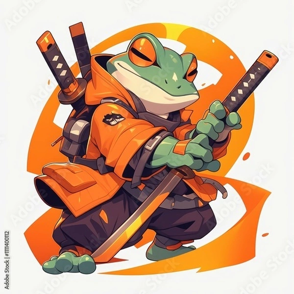 Obraz Orange-clad frog samurai with two katanas.