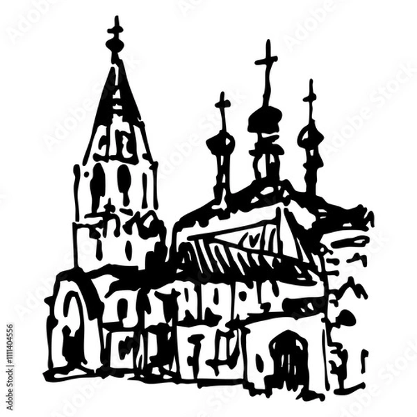 Obraz Church of Ilya the Prophet, Staritsa, Tver. Russian orthodox temple. Hand drawn linear doodle rough sketch. Black and white silhouette.