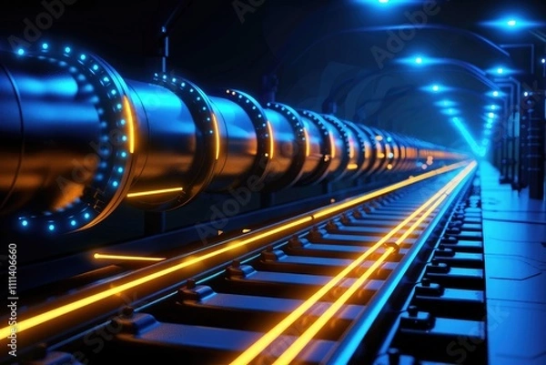 Fototapeta A futuristic tunnel scene featuring illuminated tracks and a glowing pipeline, creating a sci-fi atmosphere.