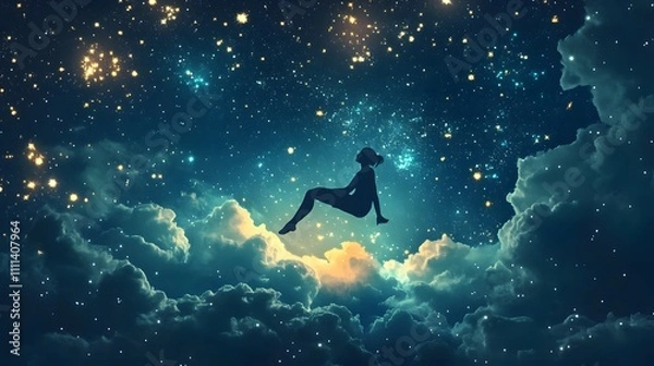 Fototapeta Ethereal Woman Sitting Amongst Stars and Clouds in a Dreamy Night Sky, Surrounded by Twinkling Lights and Mystical Atmosphere for Enchanting Imagery