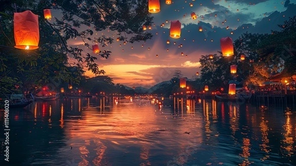 Fototapeta Sunset River Scene with Numerous Floating Sky Lanterns at Night