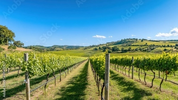 Fototapeta An expansive vineyard landscape with rows of grapevines under a clear blue sky, Vineyard scene, Natural elegance style