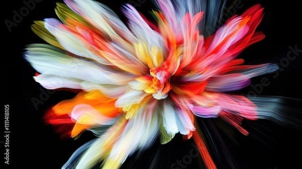 Obraz A vibrant, abstract explosion of colorful petals, resembling a flower in motion against a dark background.