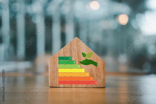 Fototapeta For house energy efficiency, eco home renovation save cost. Low consumption ecological house, Sustainable Development Concept, house with energy efficiency scale on blurred background