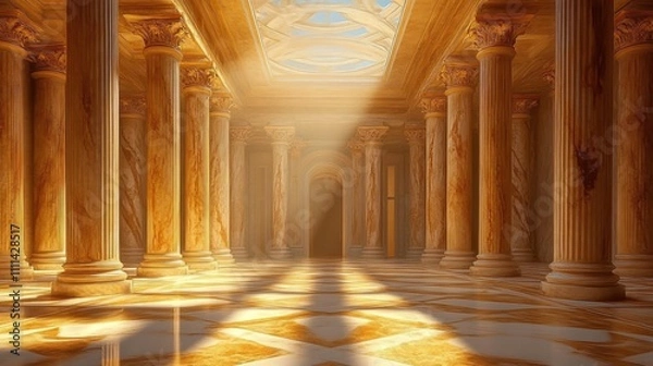 Obraz Luxurious Interior of a Roman Empire Palace Grand Hall with Marble Columns and Golden Sunlight