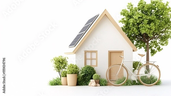 Obraz House style modern exterior concept. A modern eco-friendly house with solar panels, greenery, and a bicycle in a serene setting.