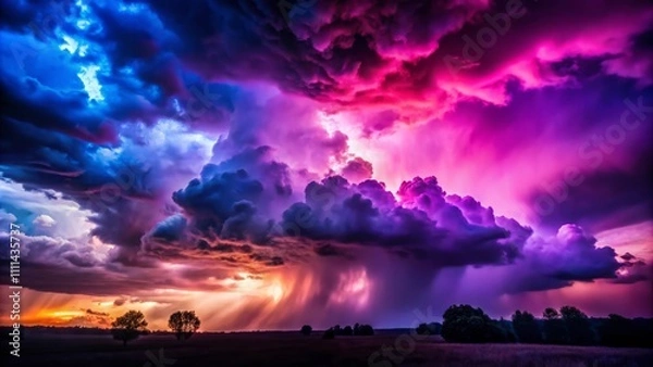 Fototapeta Dramatic Silhouette of a Gloomy Night Sky with Deep Purple, Blue, and Pink Clouds, Unveiling a Mystic Fantasy Universe Filled with Storm, Fog, and Ominous Vibes