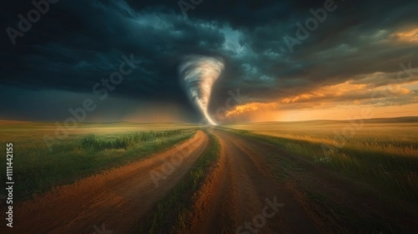 Fototapeta Dramatic Landscape with a Twisting Tornado on an Open Road Under an Ominous Sky at Sunset in a Rural Setting