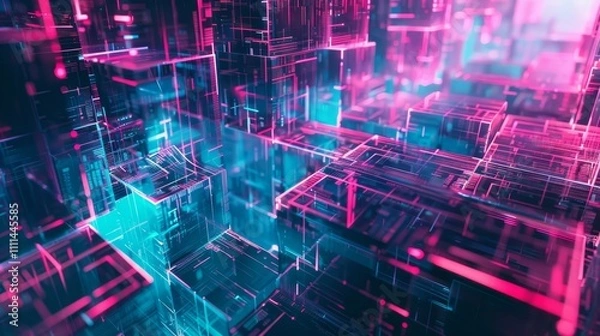 Fototapeta Complex network of interconnected, glowing cubes representing data flow and processing in a futuristic cyberspace environment