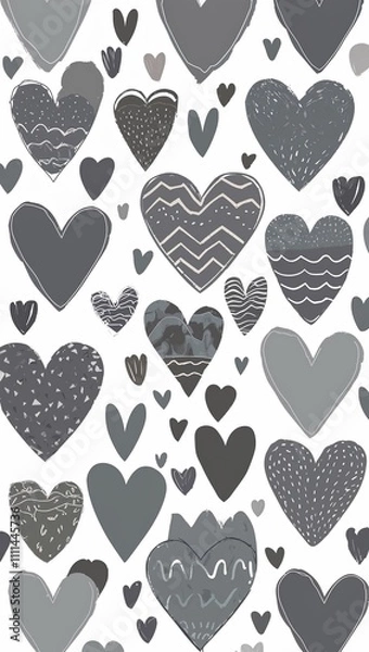 Fototapeta Gray Heart pattern hand drawn design on White background illustration